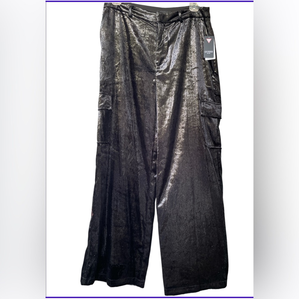 GUESS Women's Jolie High-Rise Velvet Cargo Pants Size L Black Satin Cargo Pants - Picture 9 of 12